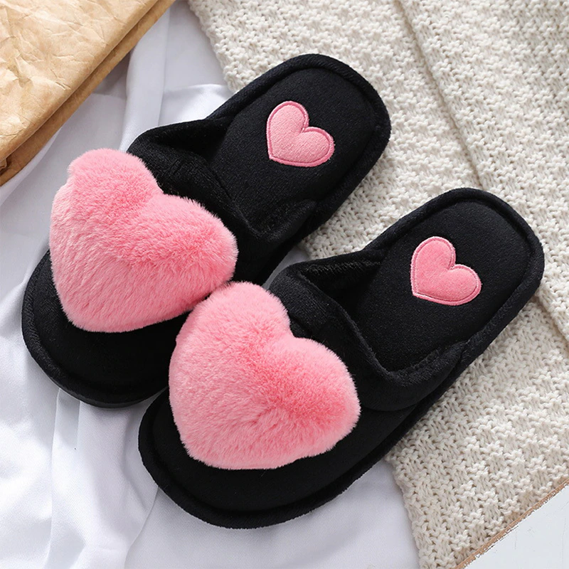 Fuzzy Heart Slippers – Cozy Black Slides with Pink Plush Hearts, Gift for Her