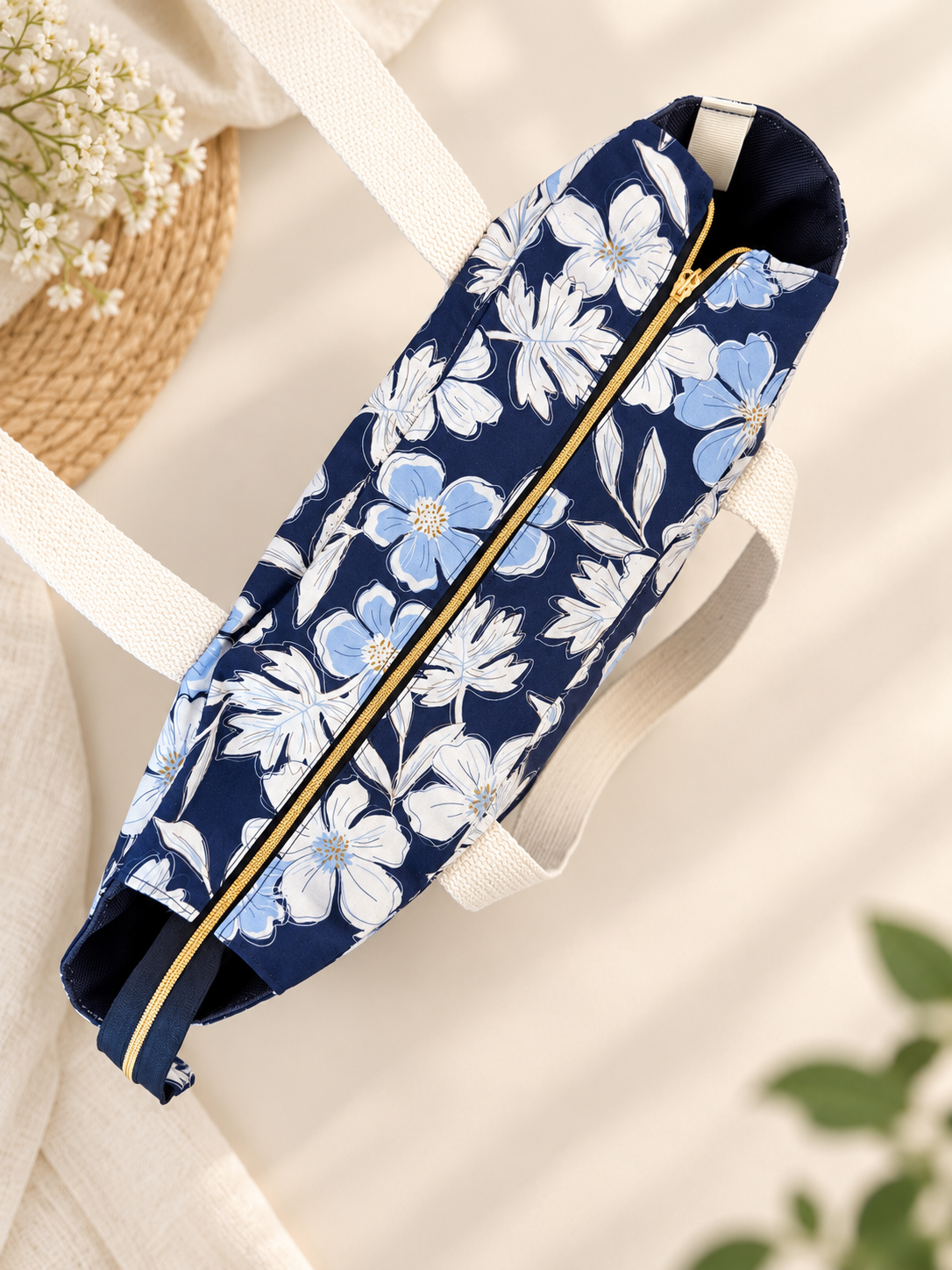Navy Floral Tote Bag with Front Pocket & Back Zip Pocket | Handmade