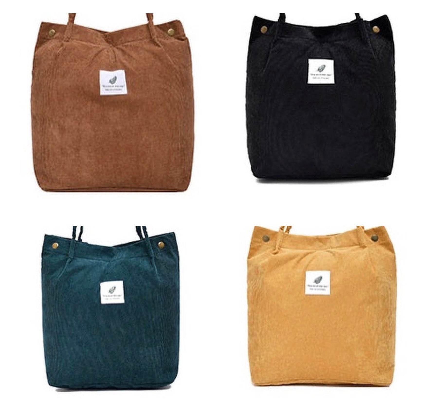 Four tote bags in brown, black, blue, and beige with visible brand labels on a white background.