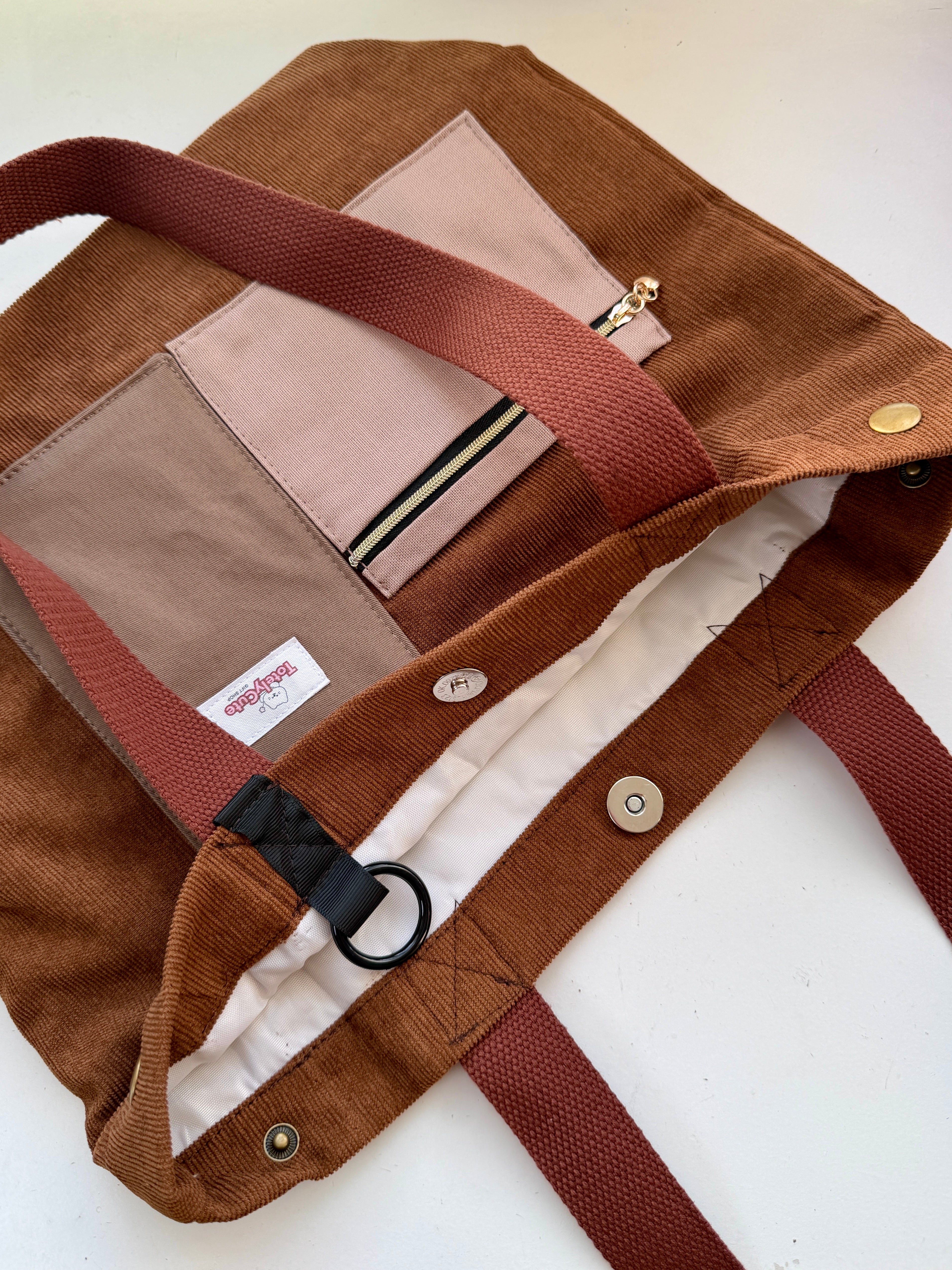 Reworked Corduroy Tote with Handmade Pockets - Brown