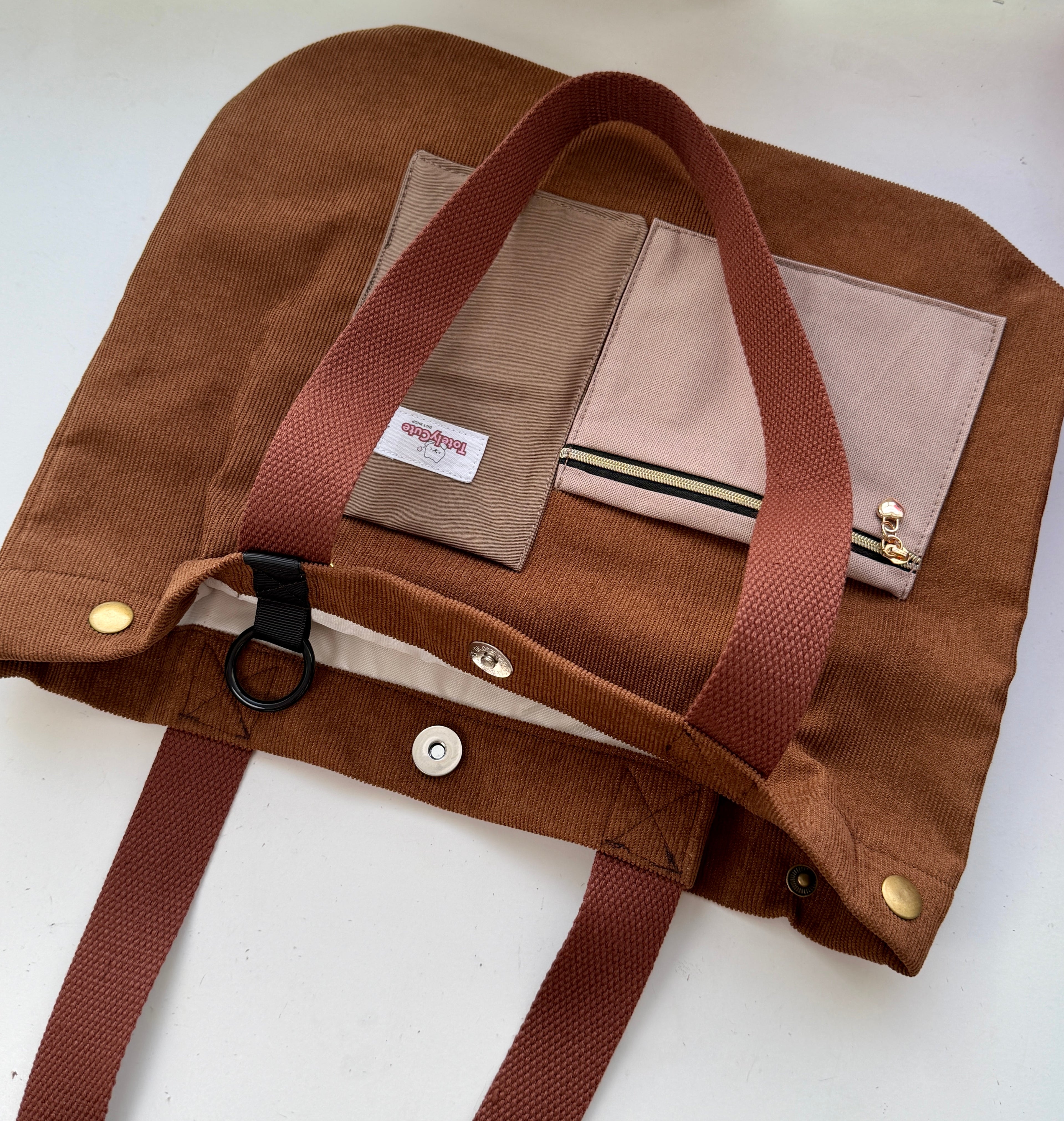 Reworked Corduroy Tote with Handmade Pockets - Brown