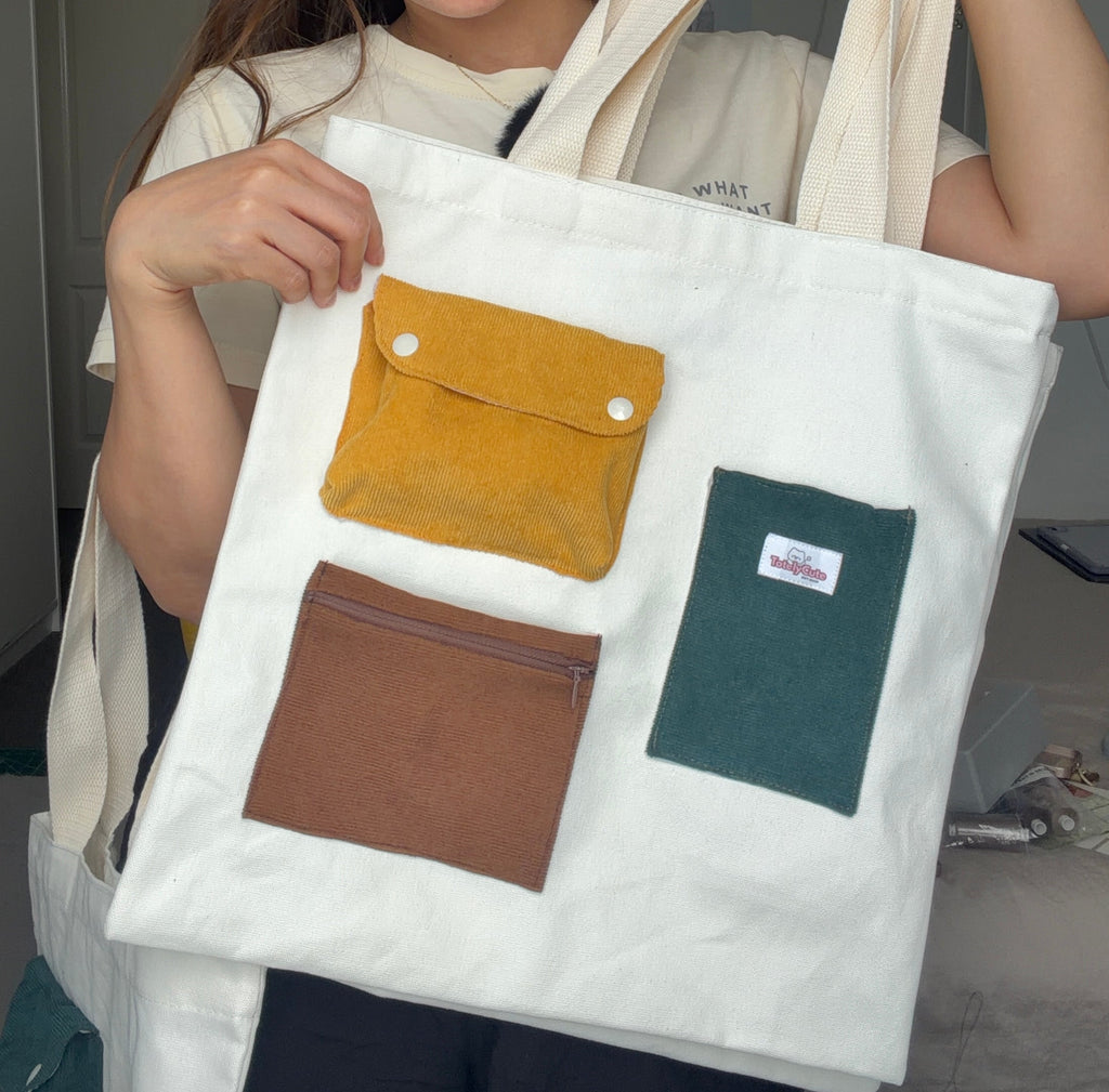 Limited Edition Upcycled Tote Bag with Handmade Corduroy Pockets