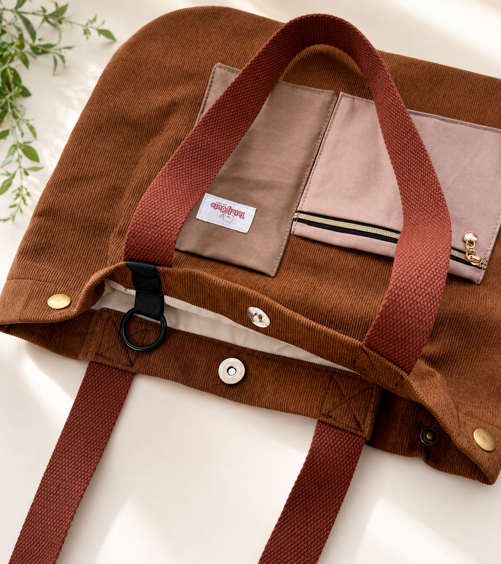 Reworked Corduroy Tote with Handmade Pockets - Brown