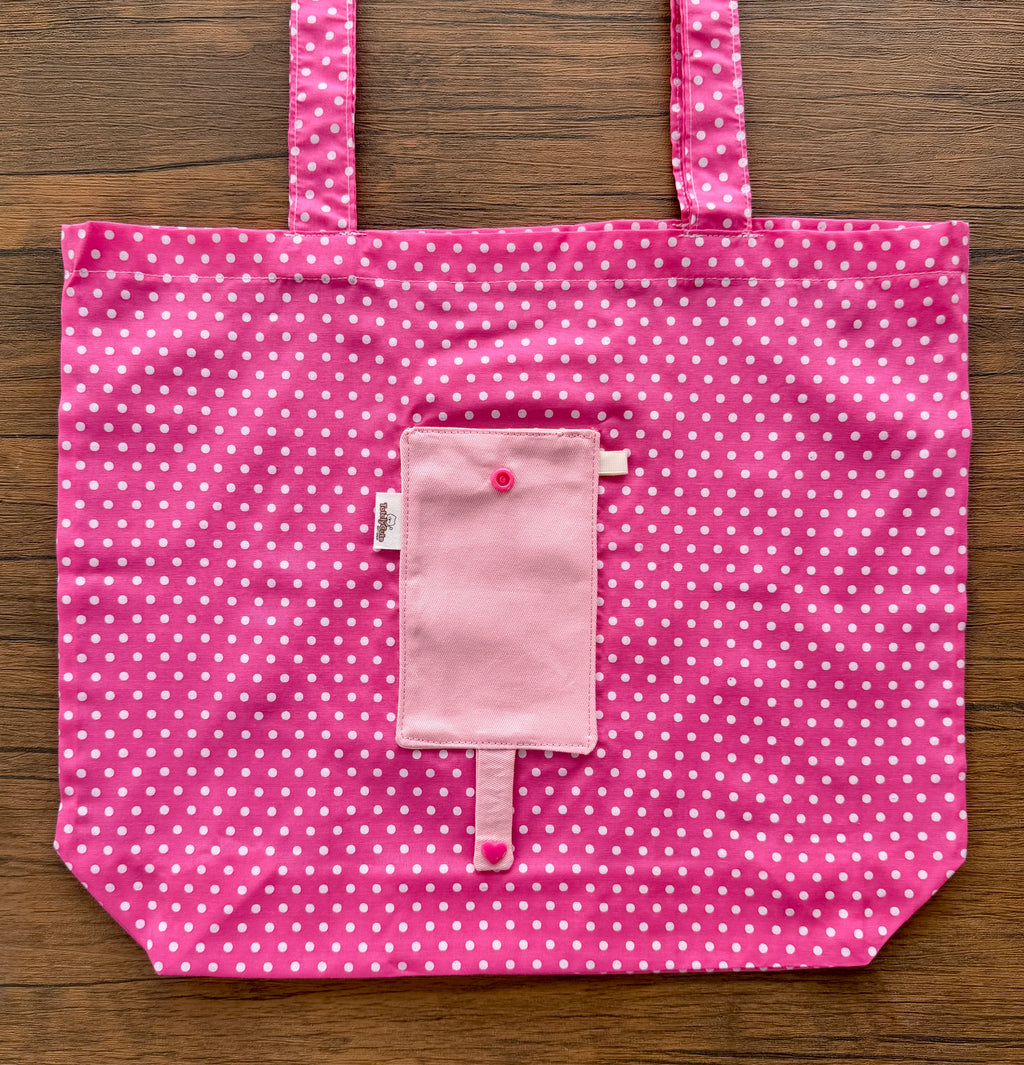 Handmade Foldable Eco Tote Bag – Lightweight Polycotton Reusable Shopping Bag | Compact Travel-Friendly Tote | Pink Polka Dot Foldable Bag