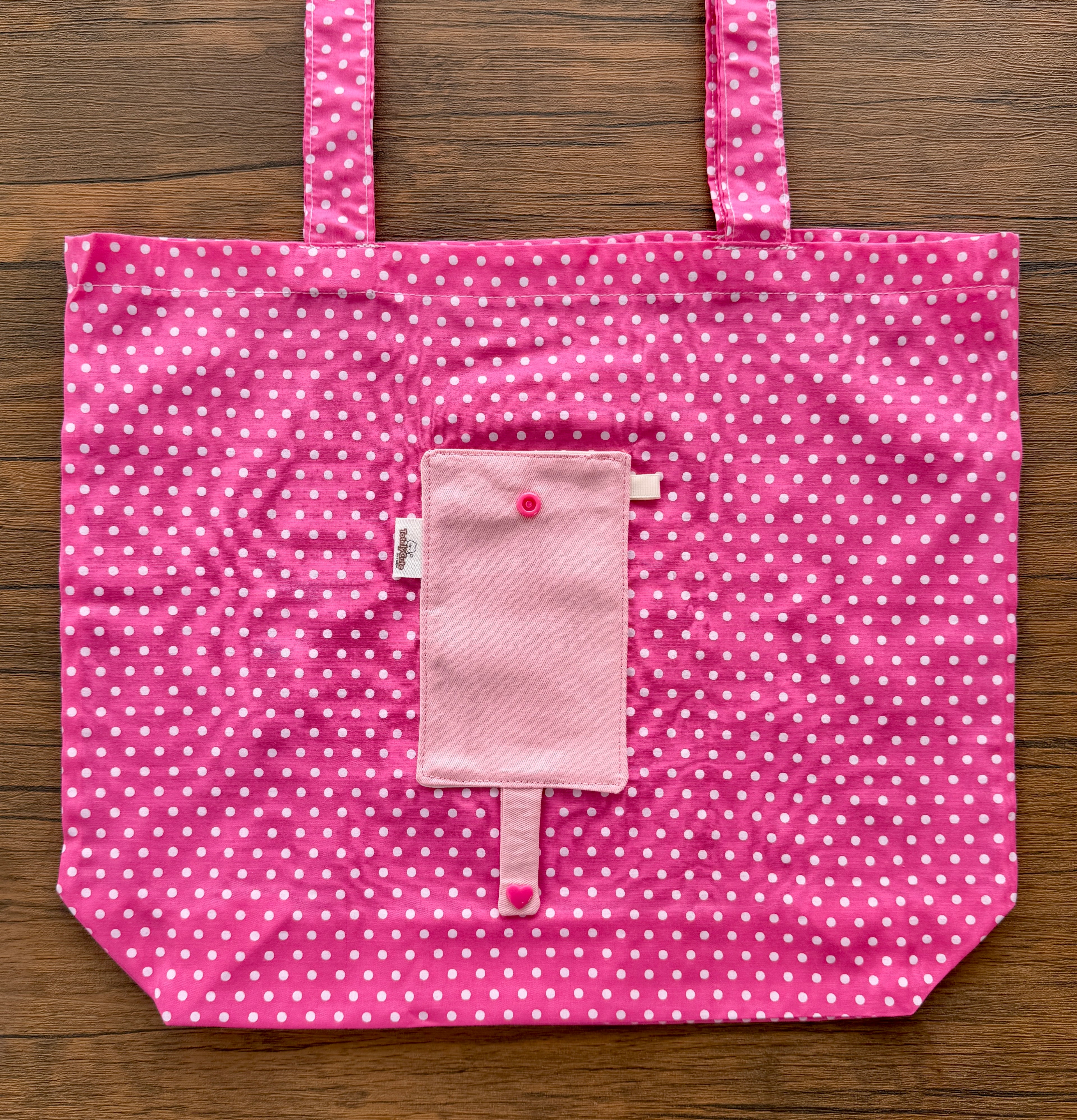 Handmade Foldable Eco Tote Bag – Lightweight Polycotton Reusable Shopping Bag | Compact Travel-Friendly Tote | Pink Polka Dot Foldable Bag