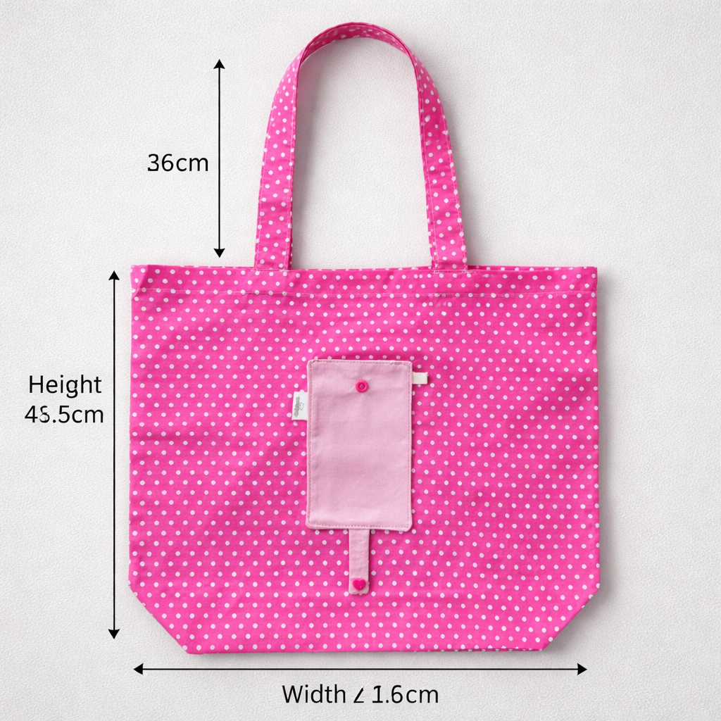 Handmade Foldable Eco Tote Bag – Lightweight Polycotton Reusable Shopping Bag | Compact Travel-Friendly Tote | Pink Polka Dot Foldable Bag