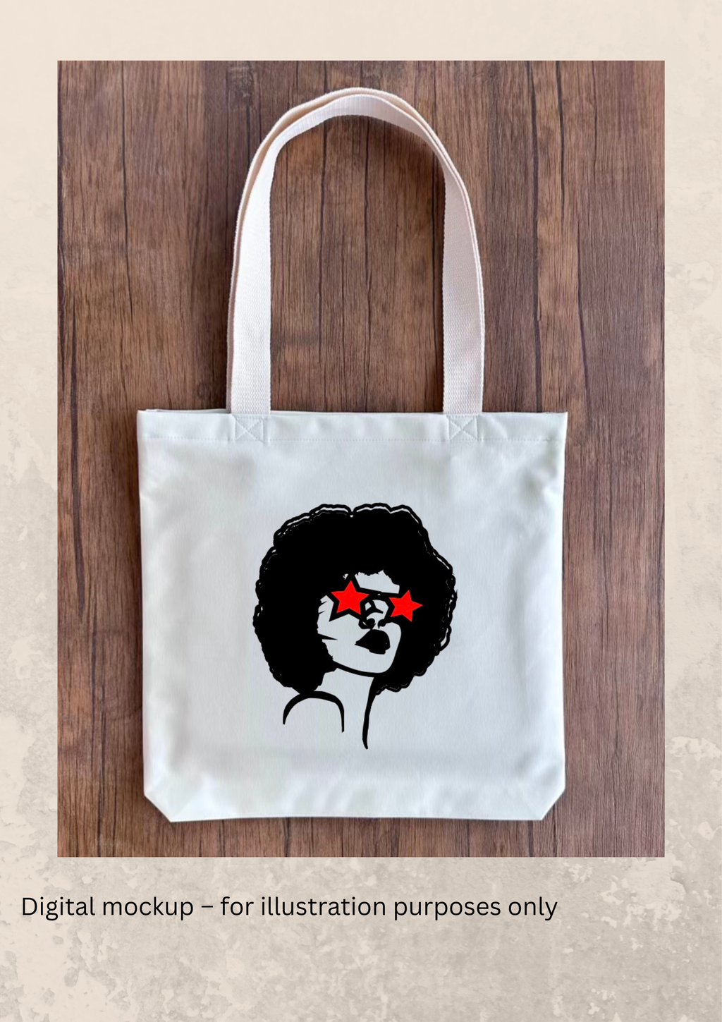 White tote bag with a graphic design of a person with an afro and sunglasses on a wooden surface.