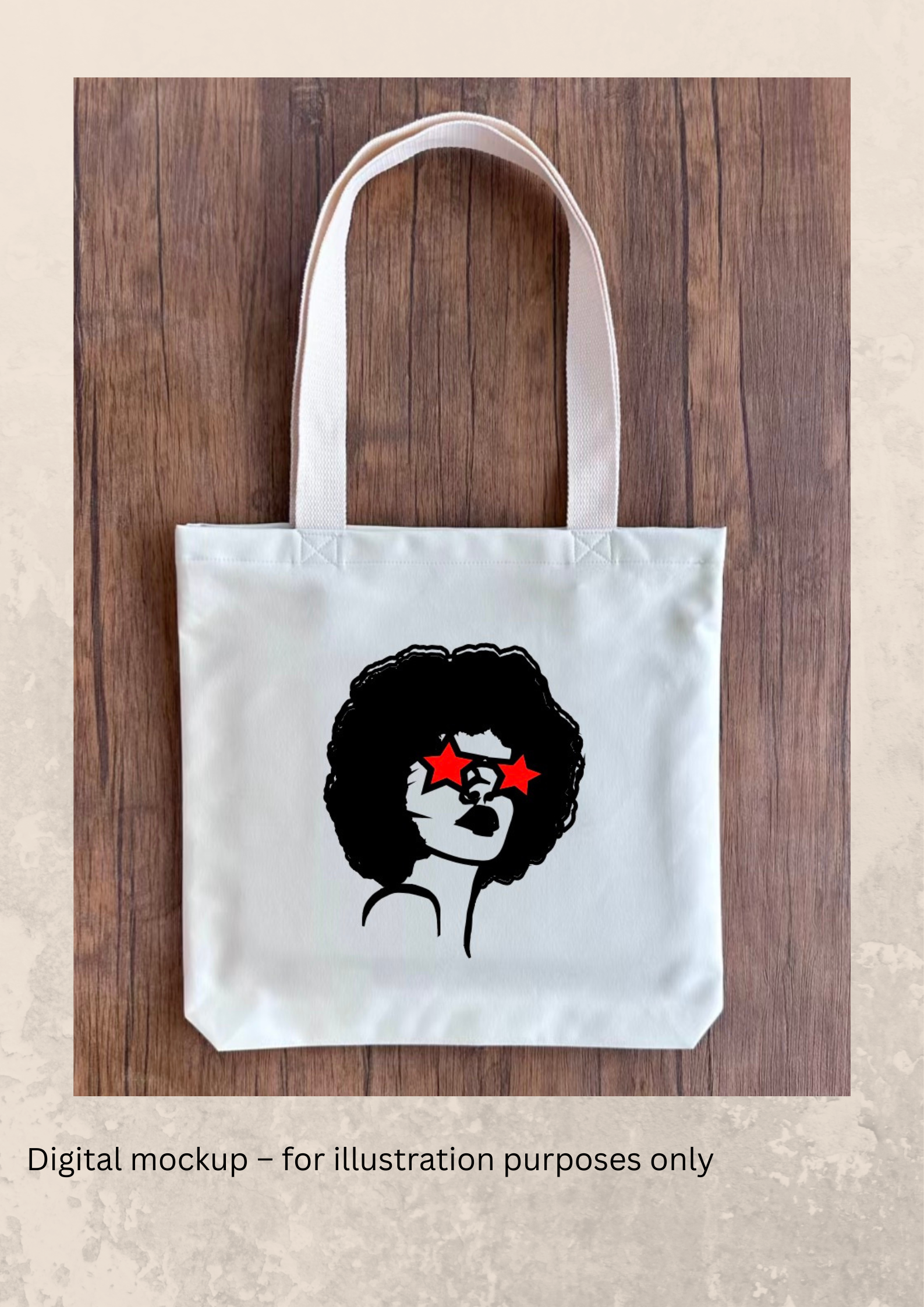 White tote bag with a graphic design of a person with an afro and sunglasses on a wooden surface.