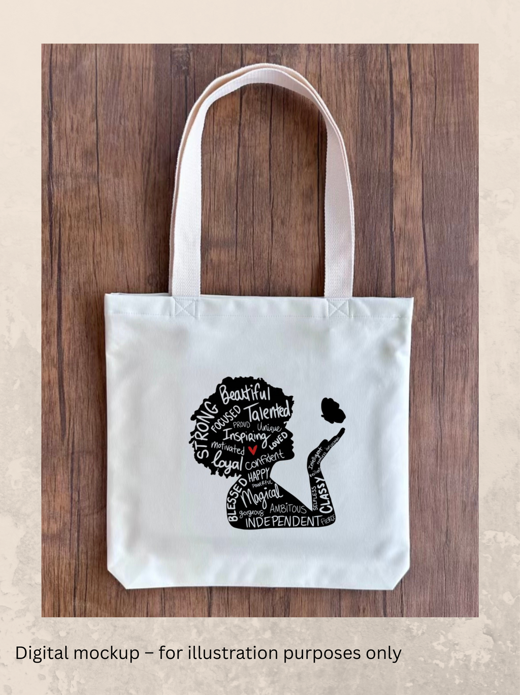 White tote bag with black silhouette and text on a wooden surface