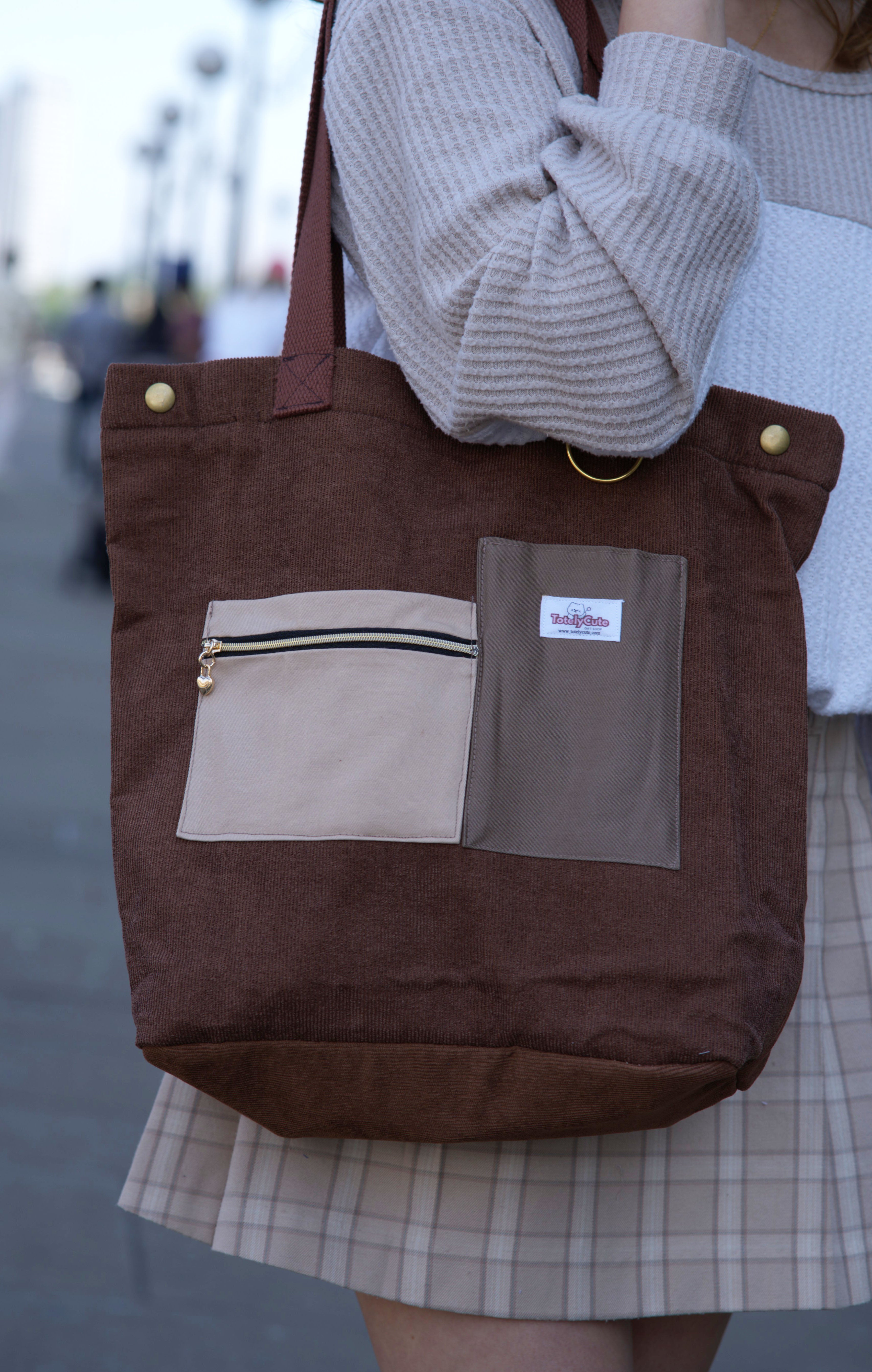 Reworked Corduroy Tote with Handmade Pockets - Brown