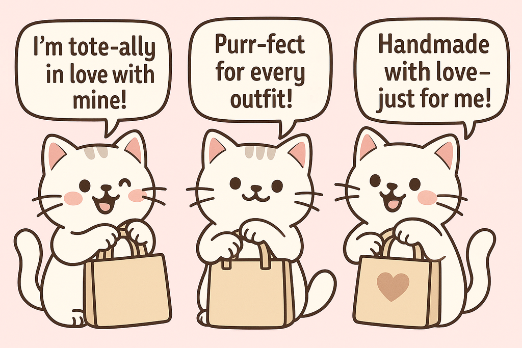 Three cartoon cats with speech bubbles expressing love and appreciation for a product. Totely cute bags