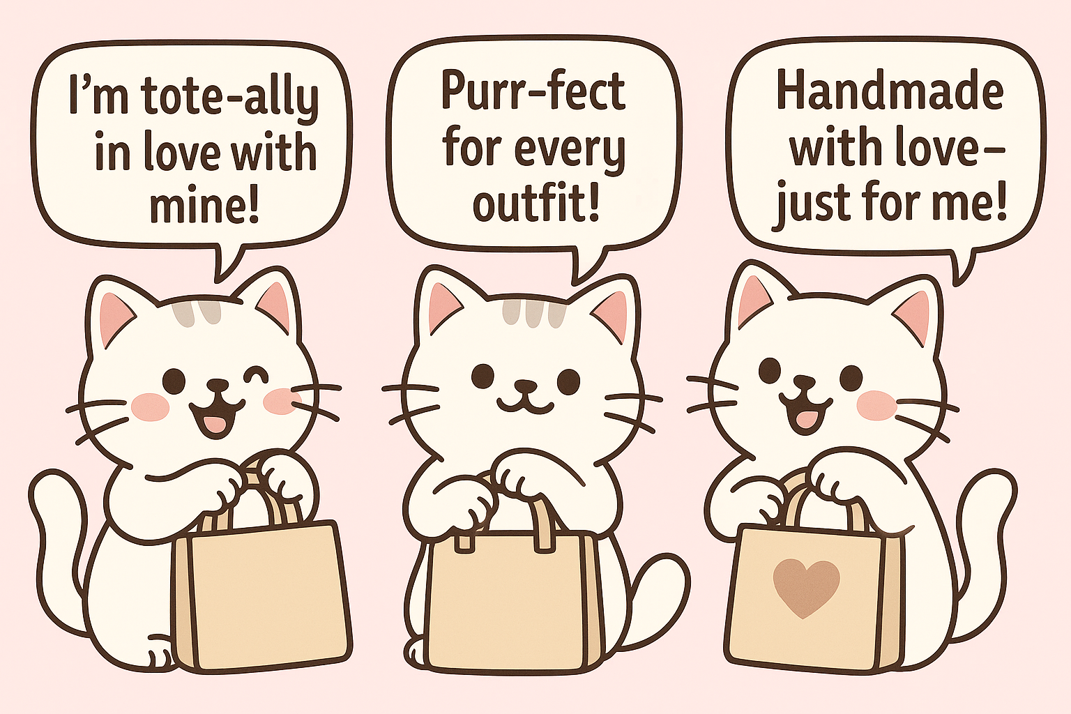 Three cartoon cats with speech bubbles expressing love and appreciation for a product. Totely cute bags