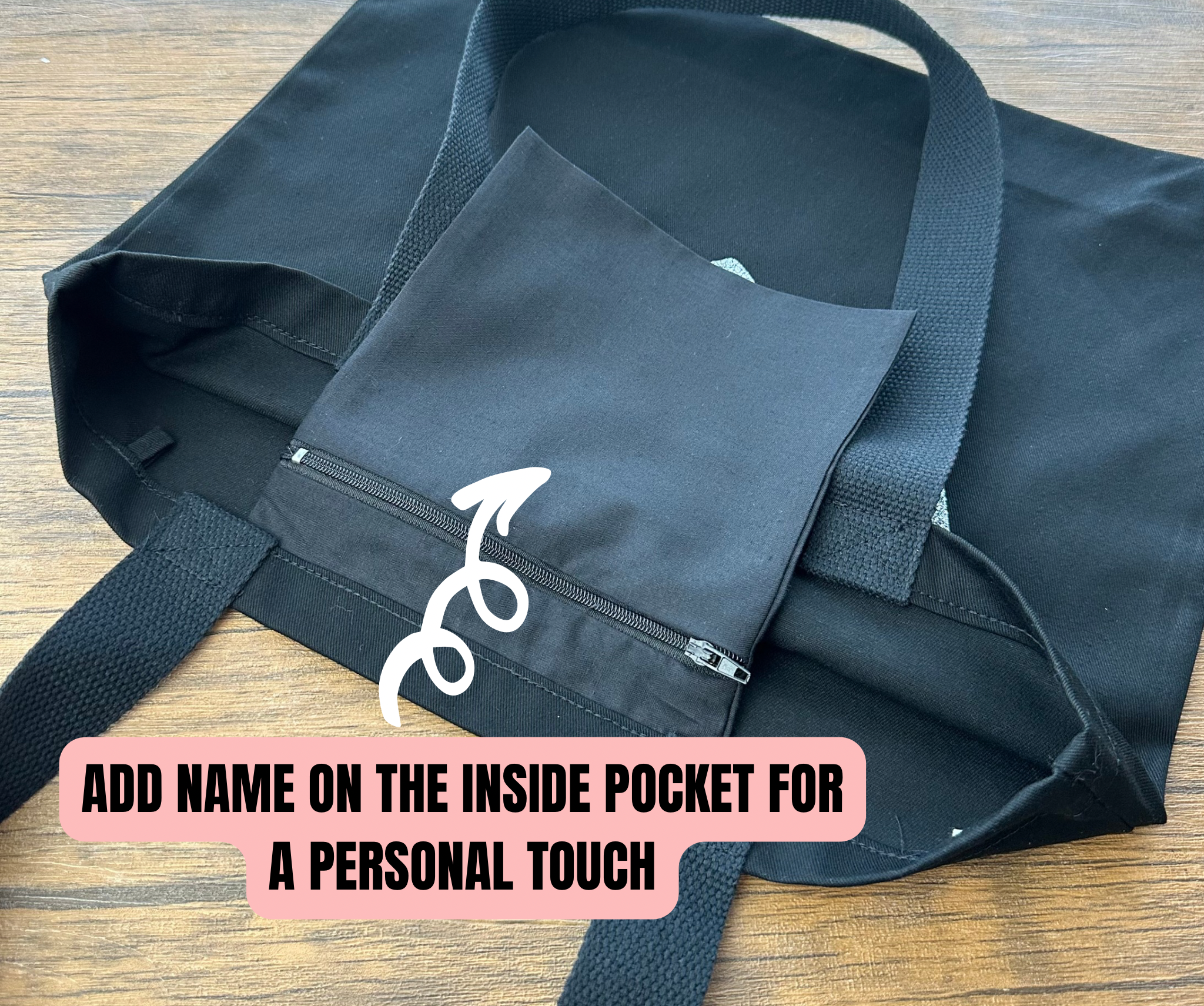 Black bag with an inside pocket on a wooden surface, with text overlay 