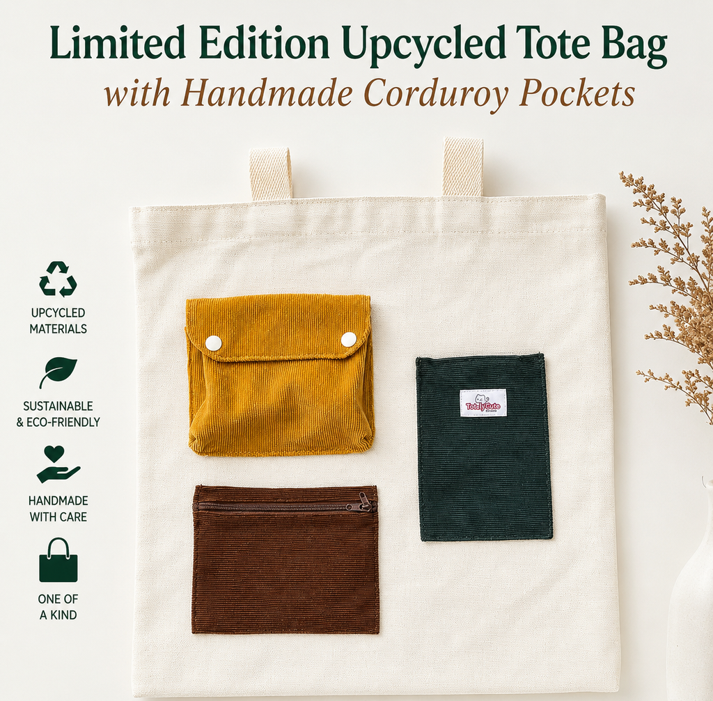 Limited Edition Upcycled Tote Bag with Handmade Corduroy Pockets