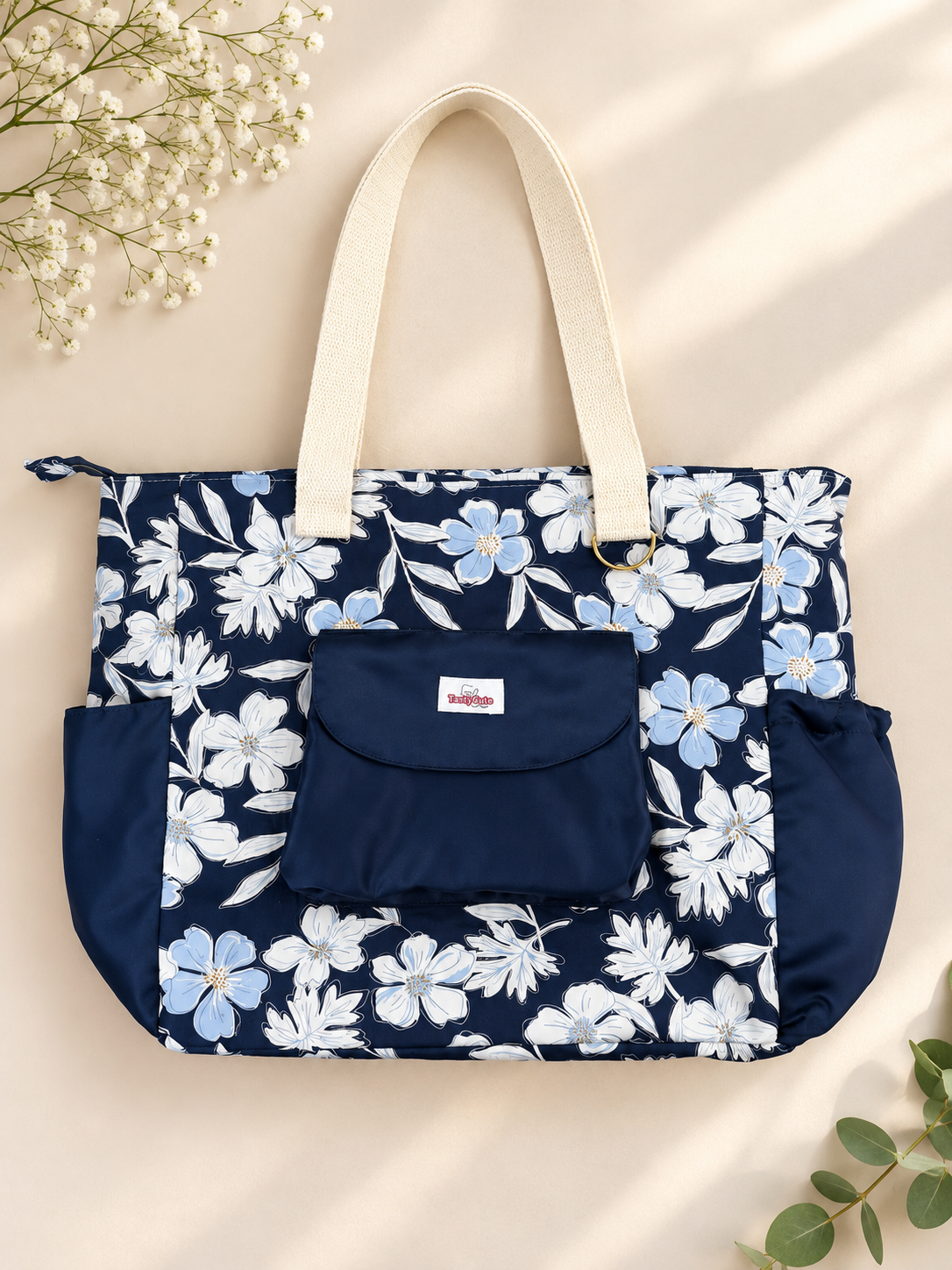 Navy Floral Tote Bag with Front Pocket & Back Zip Pocket | Handmade