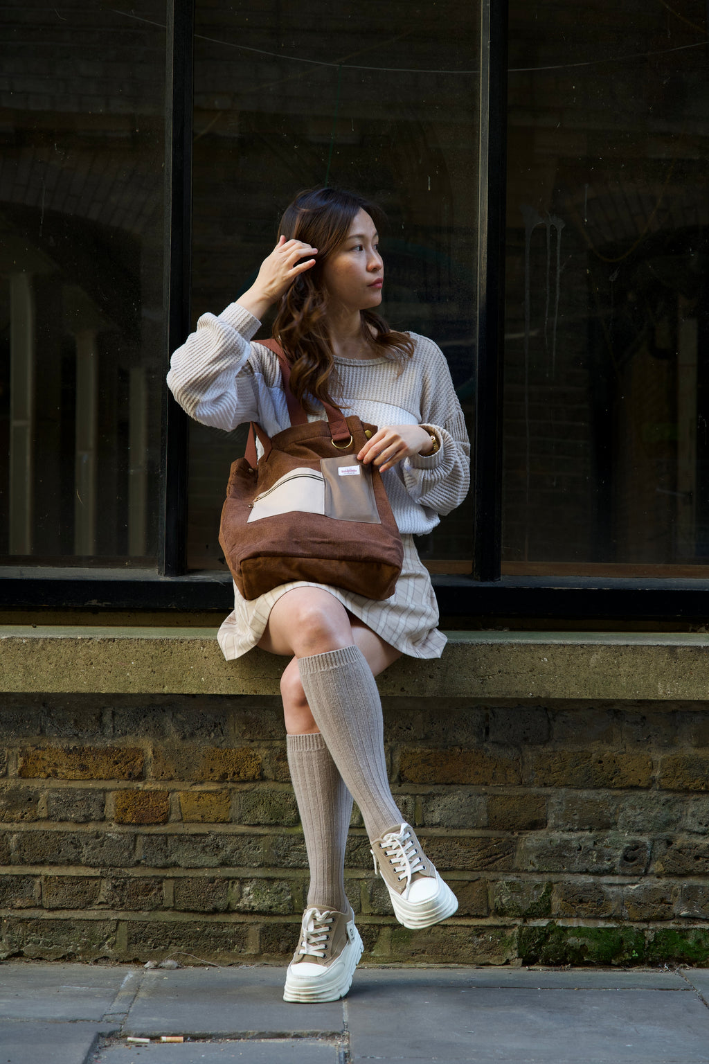 Reworked Corduroy Tote with Handmade Pockets - Brown