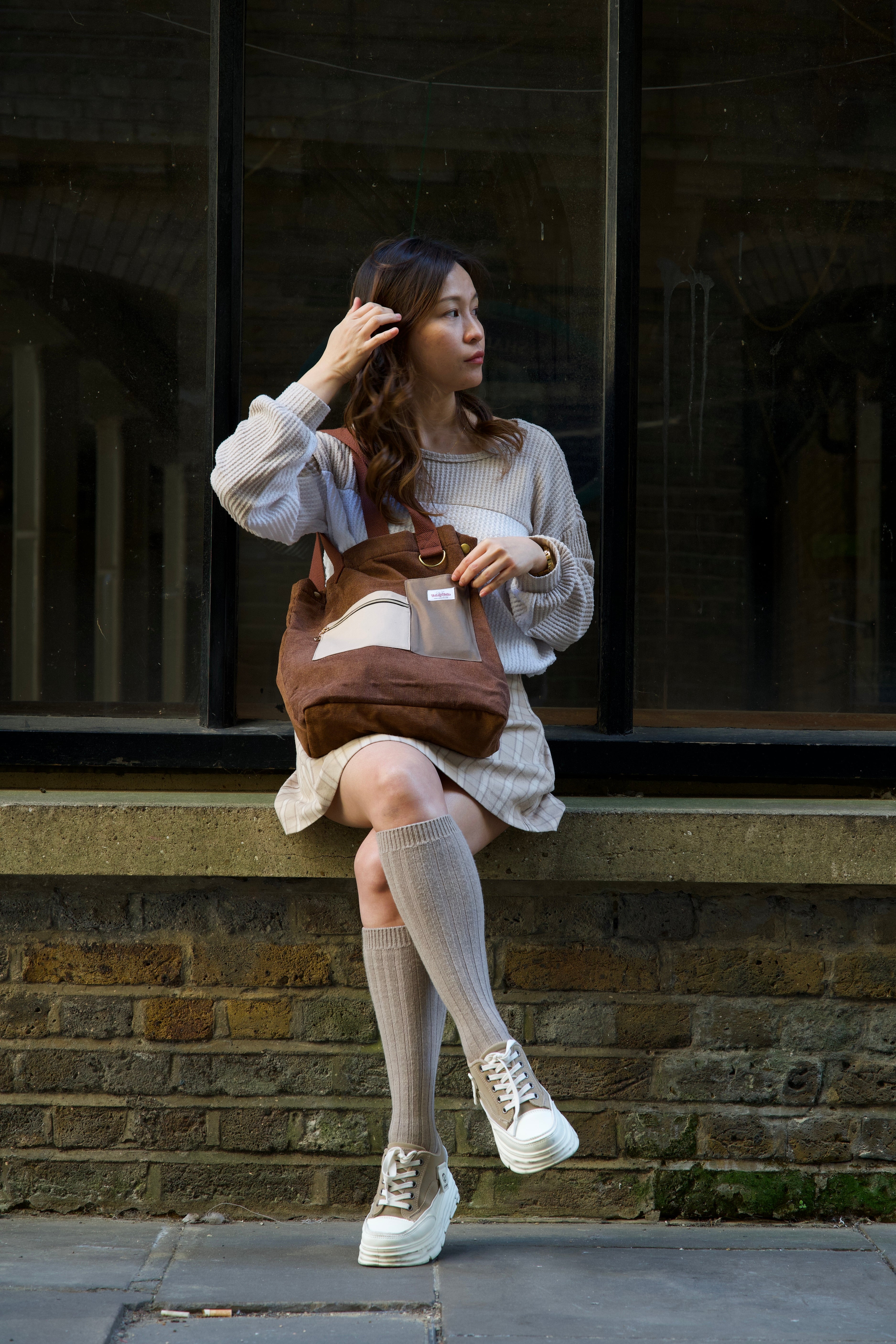 Reworked Corduroy Tote with Handmade Pockets - Brown