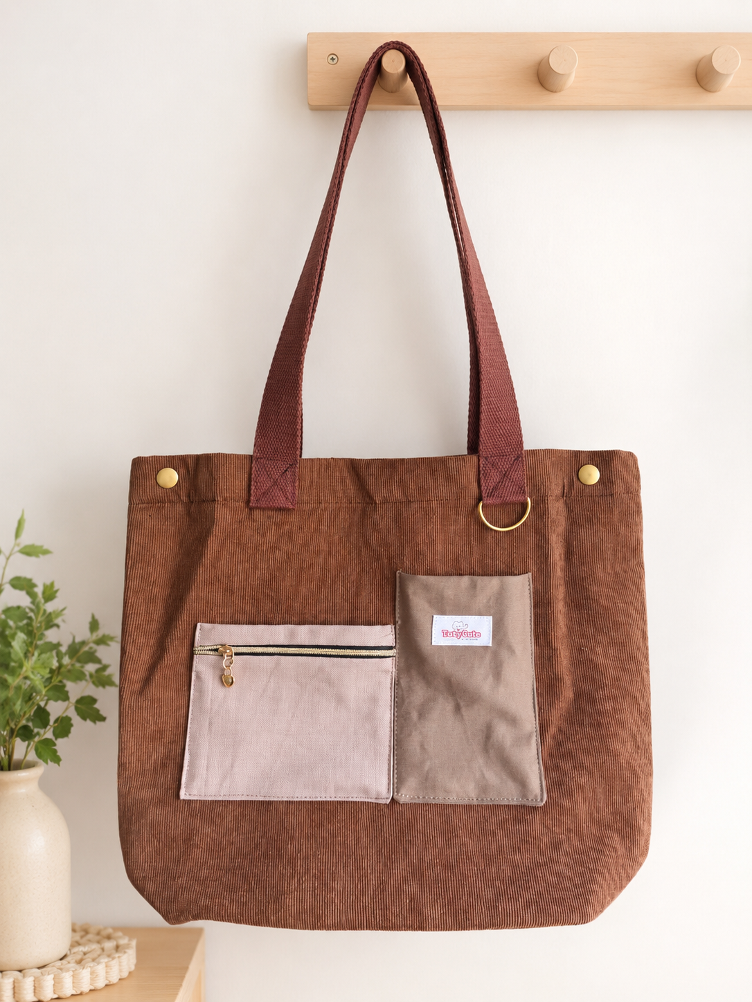Reworked Corduroy Tote with Handmade Pockets - Brown