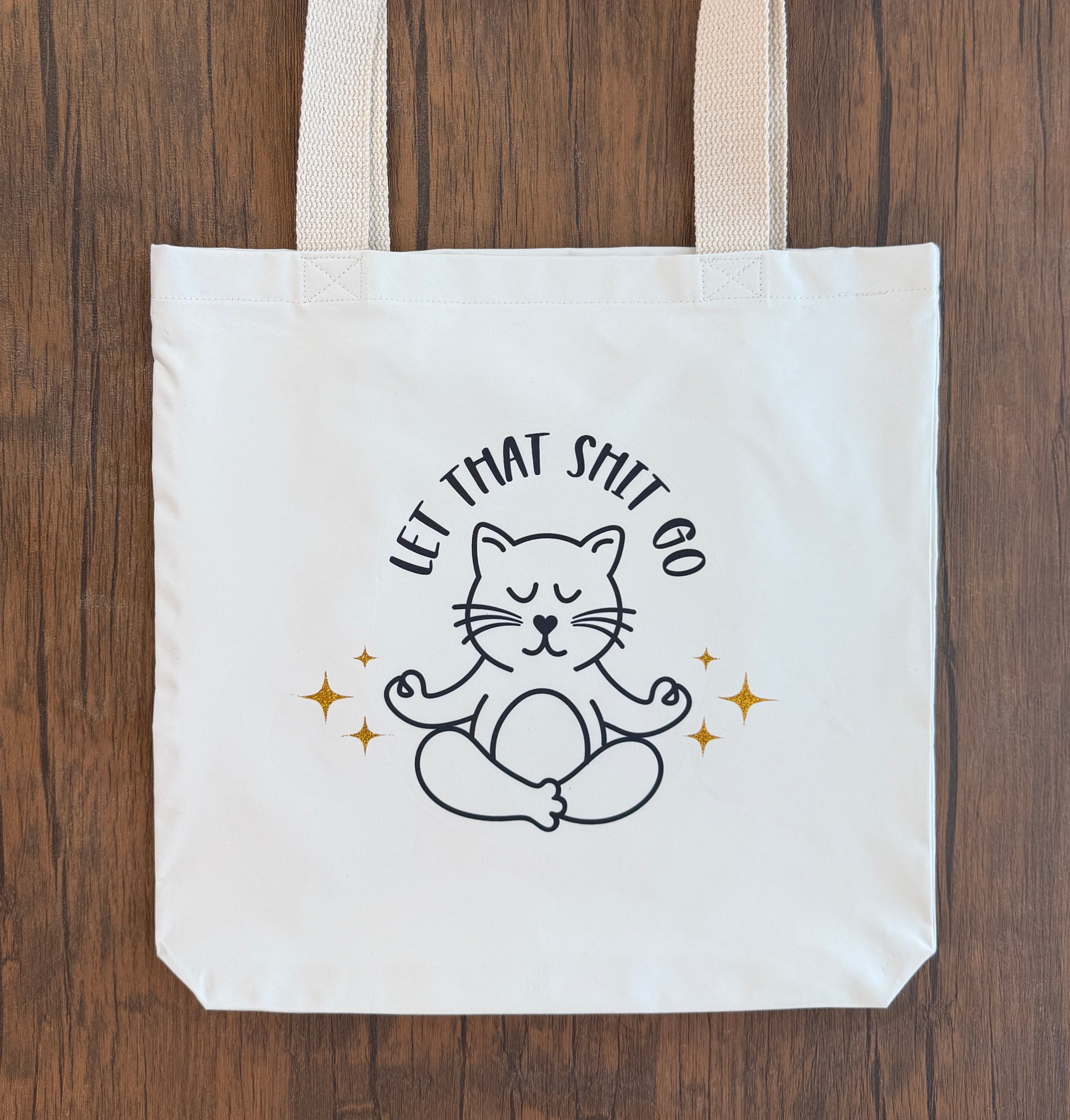 Funny print handmade tote bag gift ideas UK, cat lover meditation