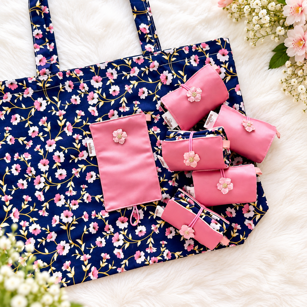 Handmade Compact Foldable Shopping Bag - Navy Blue + Pink Flowers Print