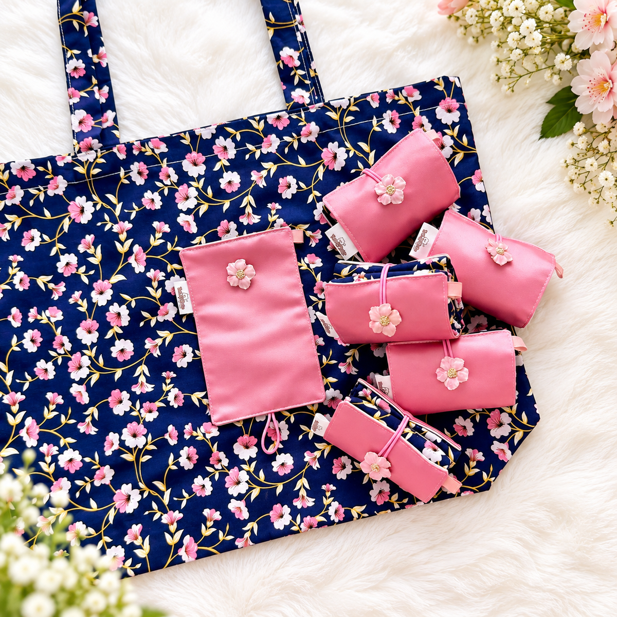 Handmade Compact Foldable Shopping Bag - Navy Blue + Pink Flowers Print