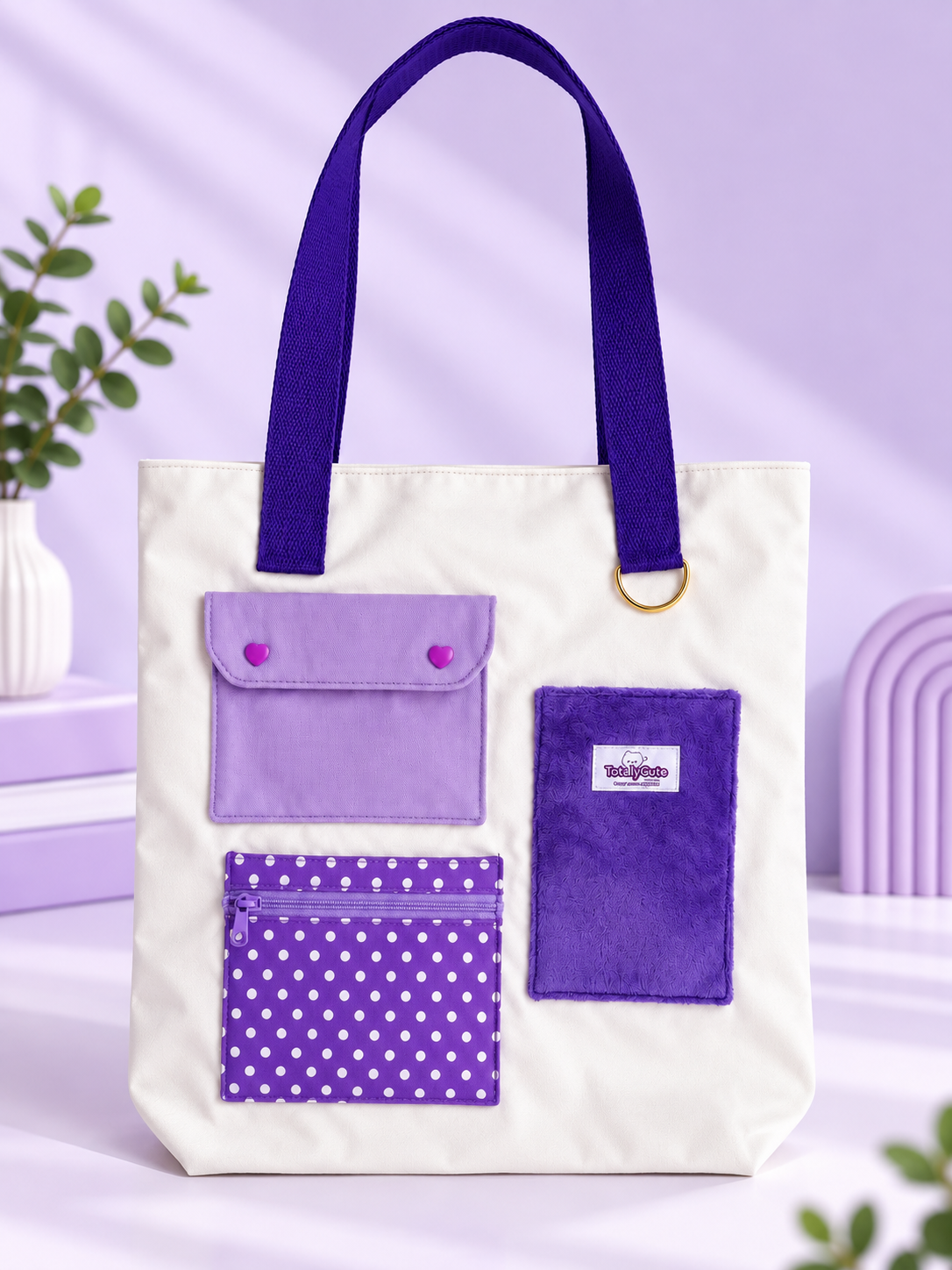 Multi-Pocket Handmade Tote Bag - Purple