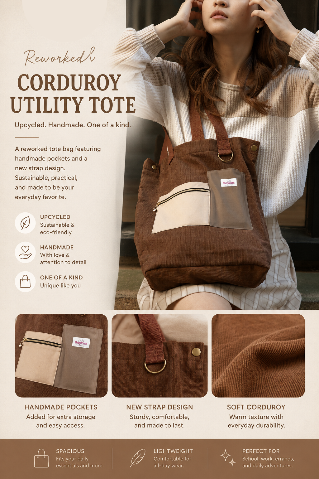 Reworked Corduroy Tote with Handmade Pockets - Brown