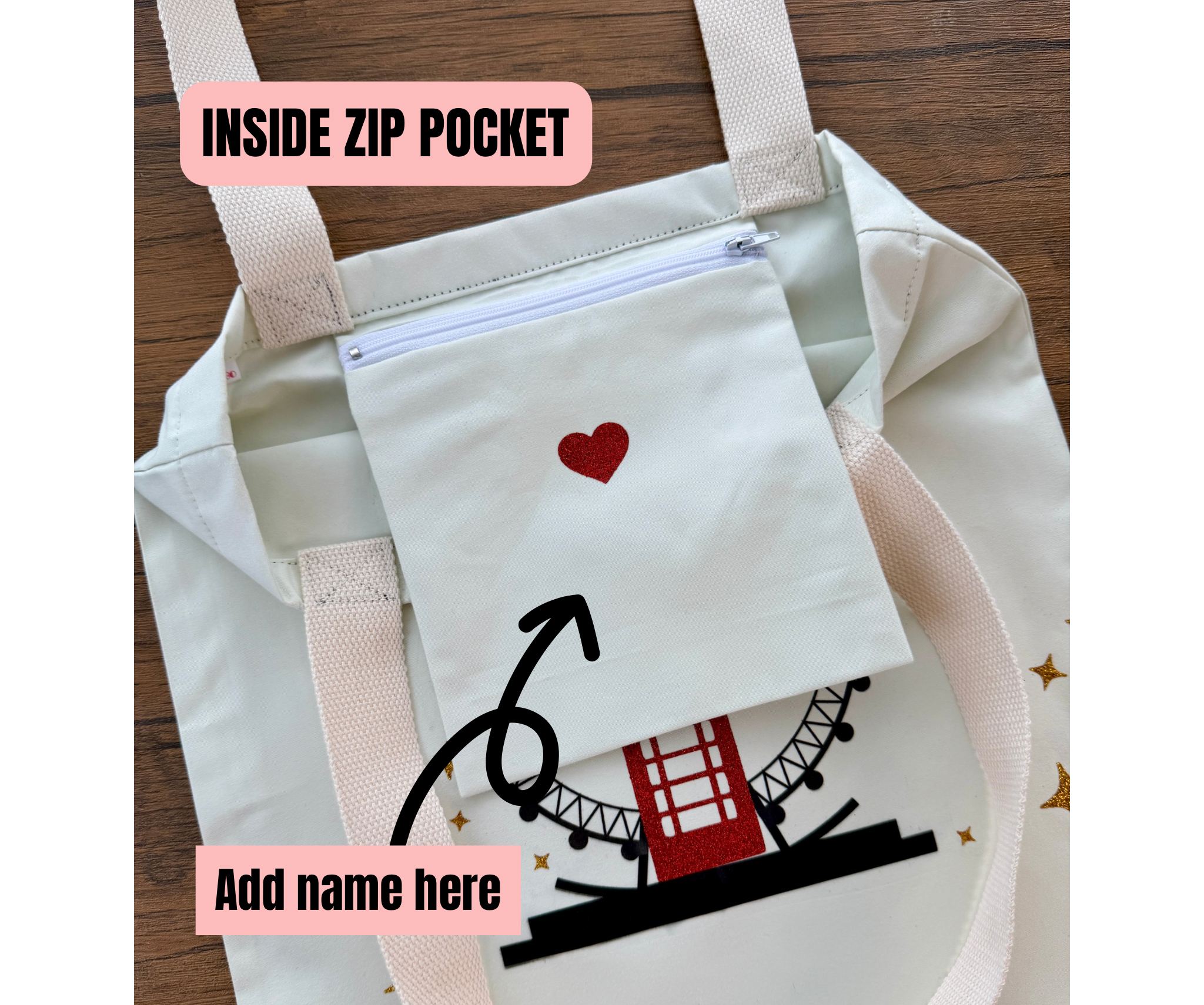 Personalized London Tote Bag with Inside Zip Pocket – Custom Name Canvas Bag, Reusable Travel Shopper, Gift for Her