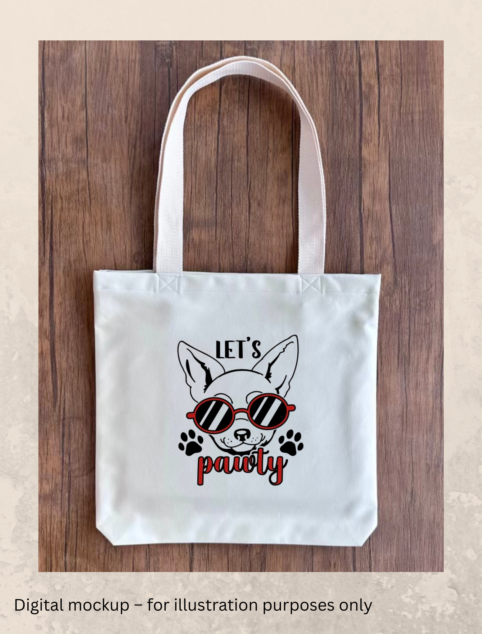 Tote bag with a dog graphic and text on a wooden surface