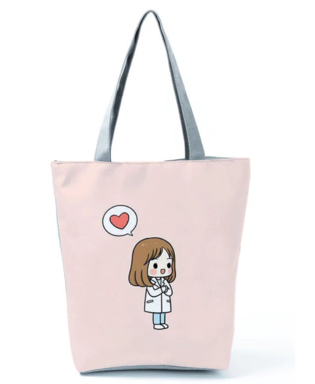 Pink tote bag with doctor or nurse cartoon character and heart on a white background