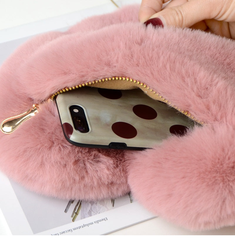Faux Fur Heart-Shaped Mini Sling Bag with Gold Chain Strap
