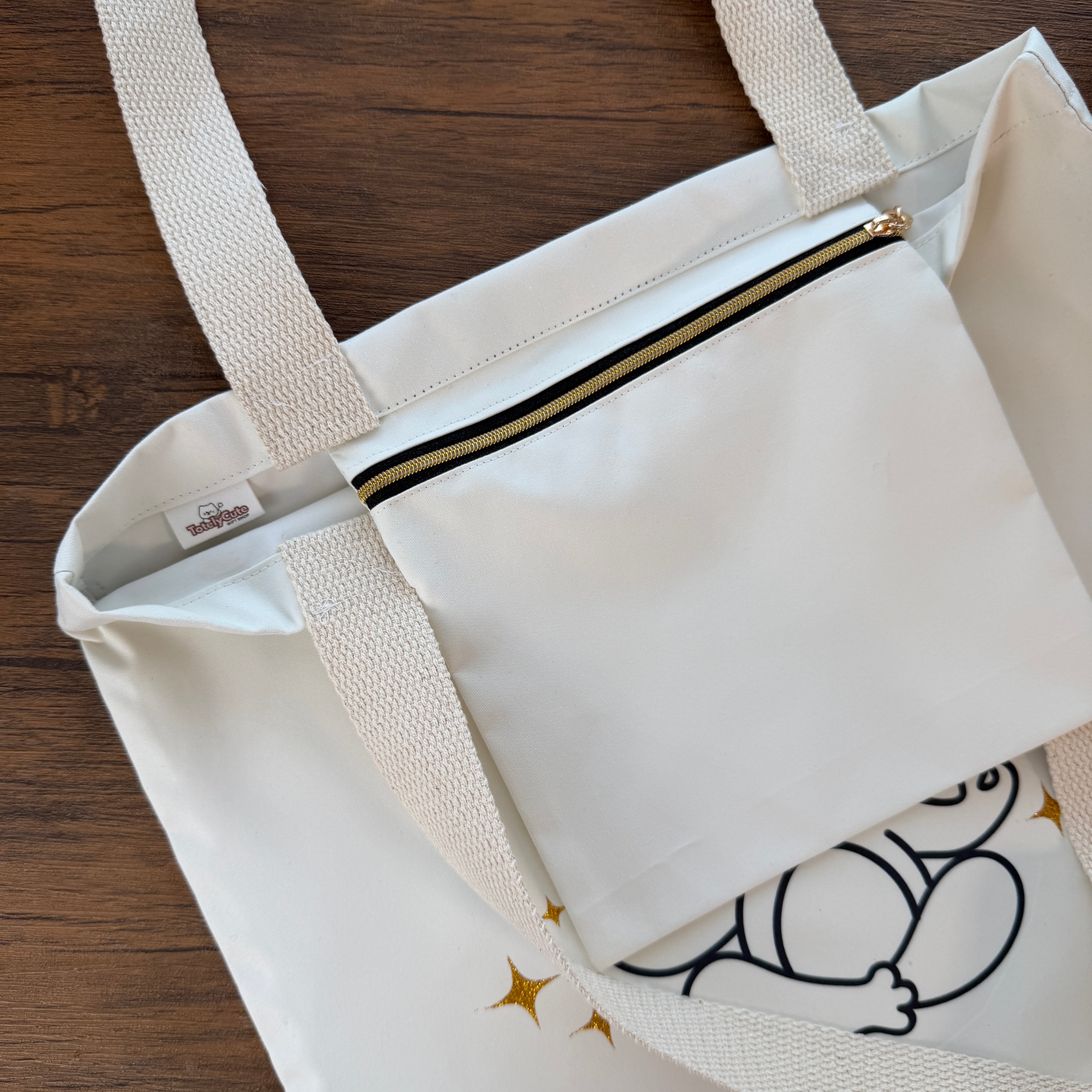 White tote bag with a black and gold cute zipper, handmade tote bag, gift ideas UK