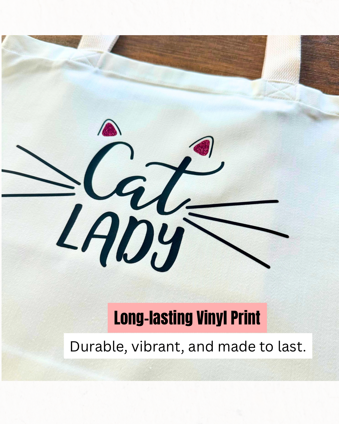 Tote bag with 'Cat Lady' text and cat ears design on a white background