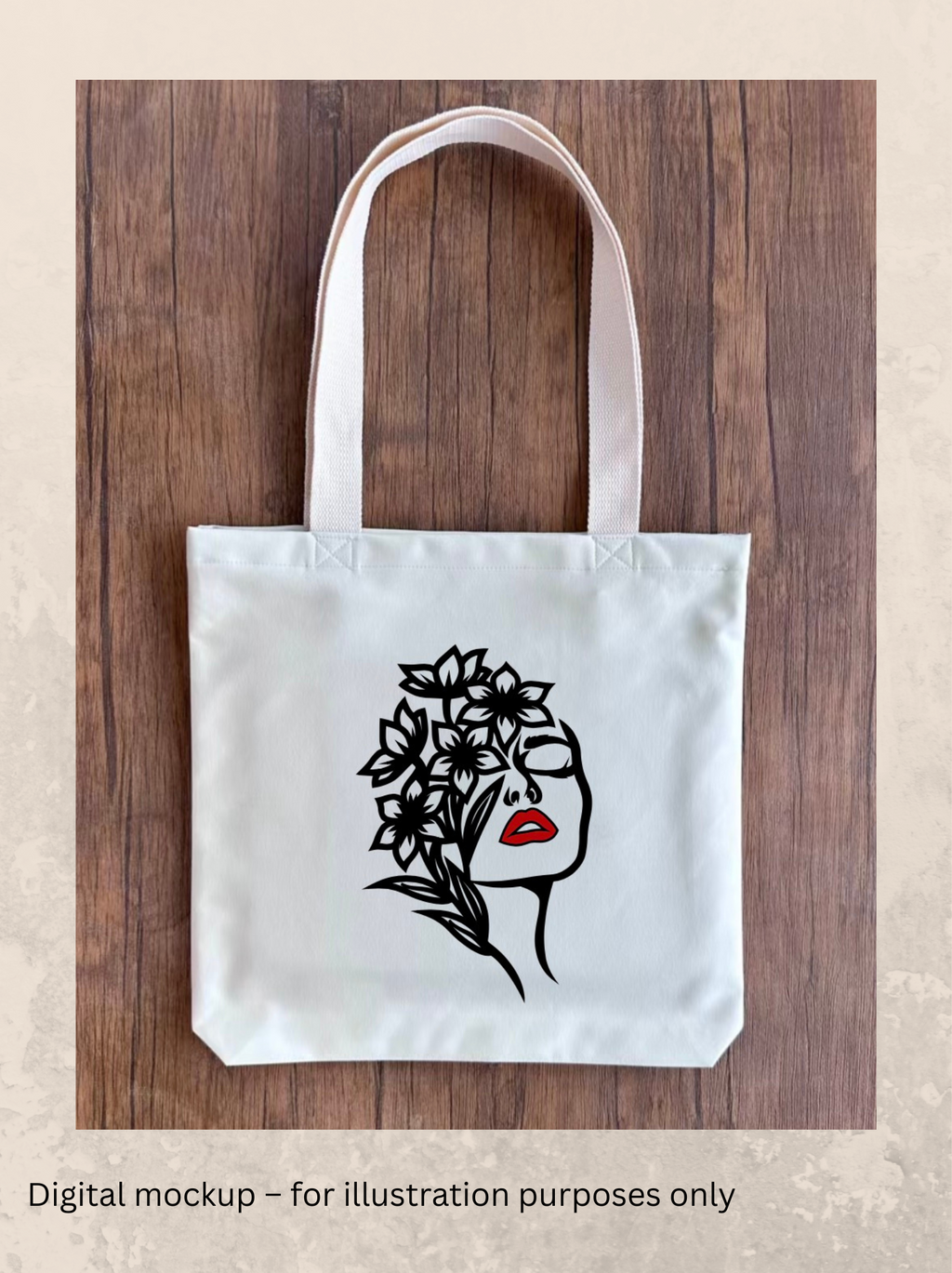 White tote bag with a black and red design on a wooden surface