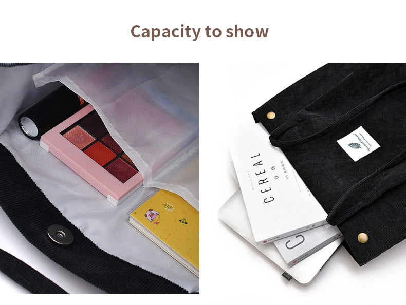 Makeup palette and stationery items in a bag with text 'Capacity to show'.