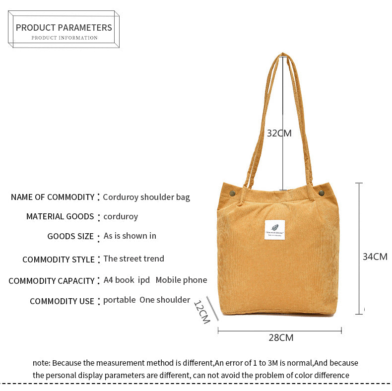 Brown corduroy shoulder bag with measurements on a white background