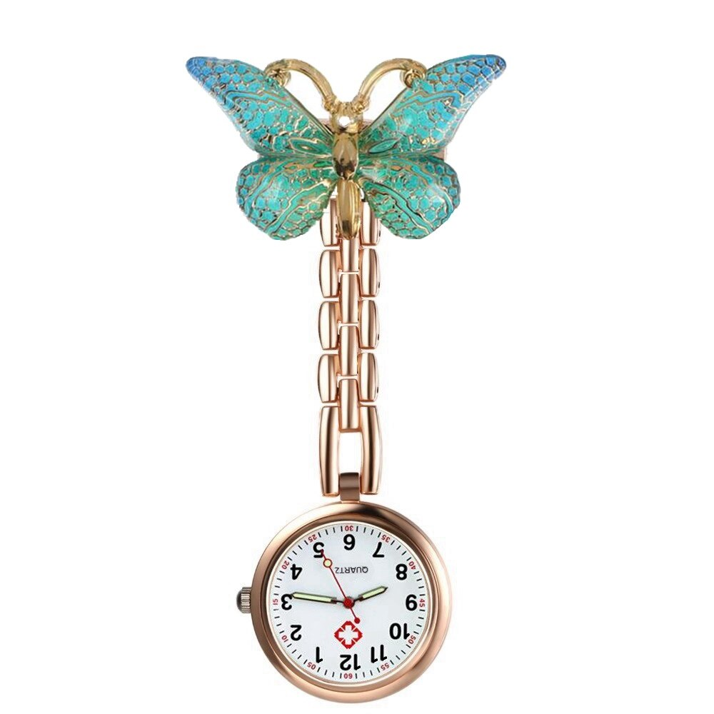 Butterfly-shaped watch with rose gold and turquoise design on a white background