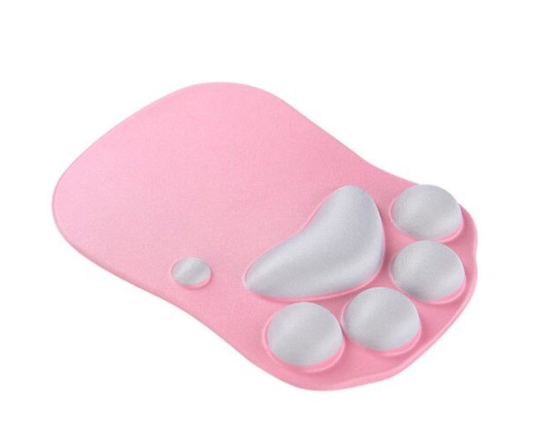Pink mouse pad with white paw-shaped buttons on a white background