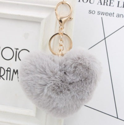 Gray fluffy keychain with a gold ring on a white background