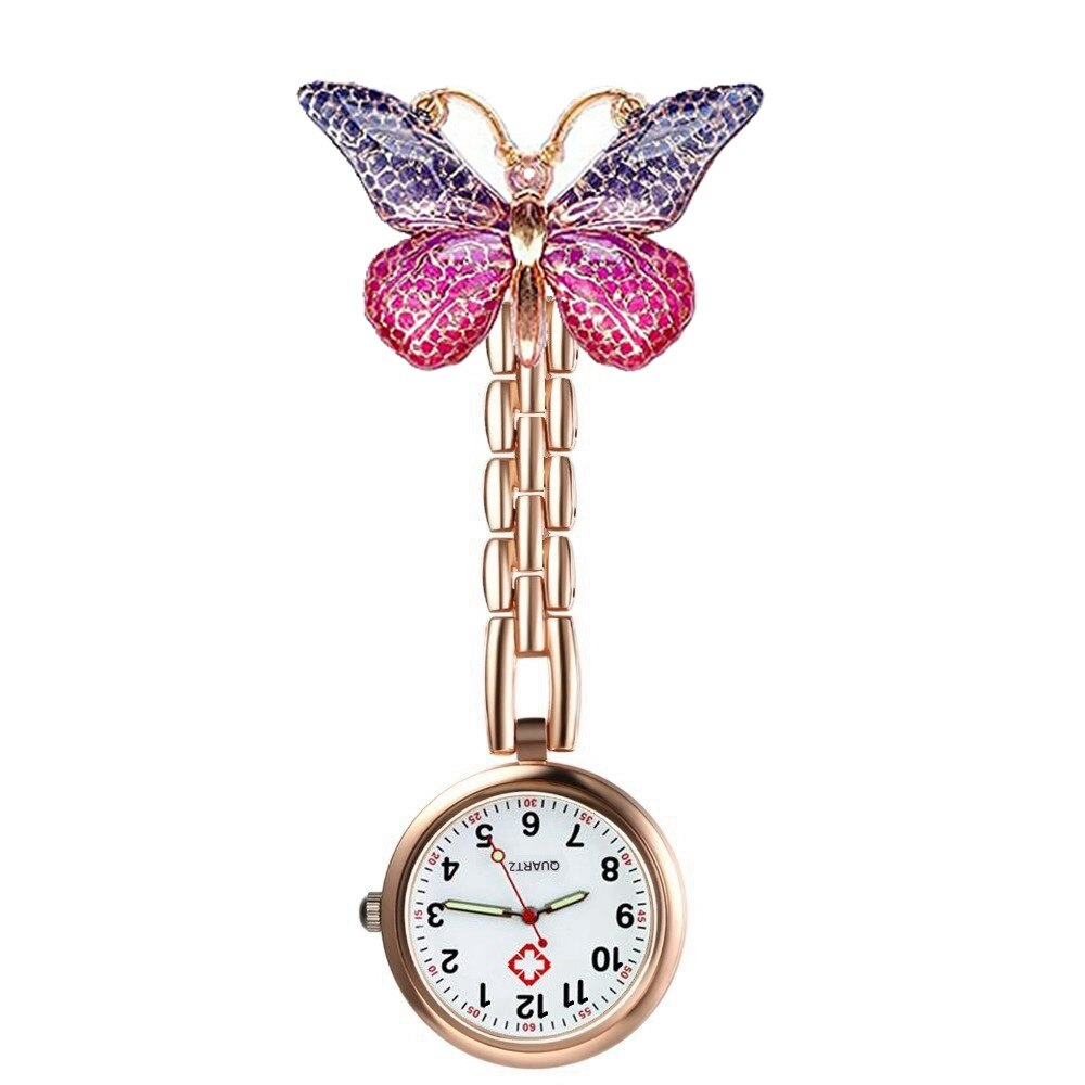 Butterfly-shaped fob watch with a white face on a white background
