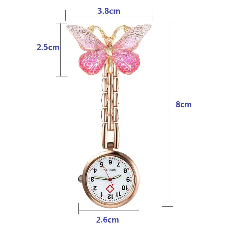 Butterfly-shaped fob watch with measurements on a white background